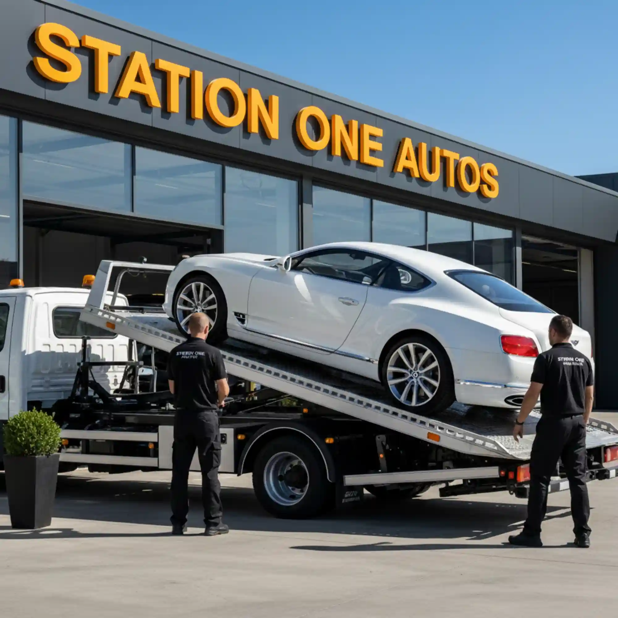 Car Towing-white Bentley Continental Car-Station One Autos-Services-Dubai