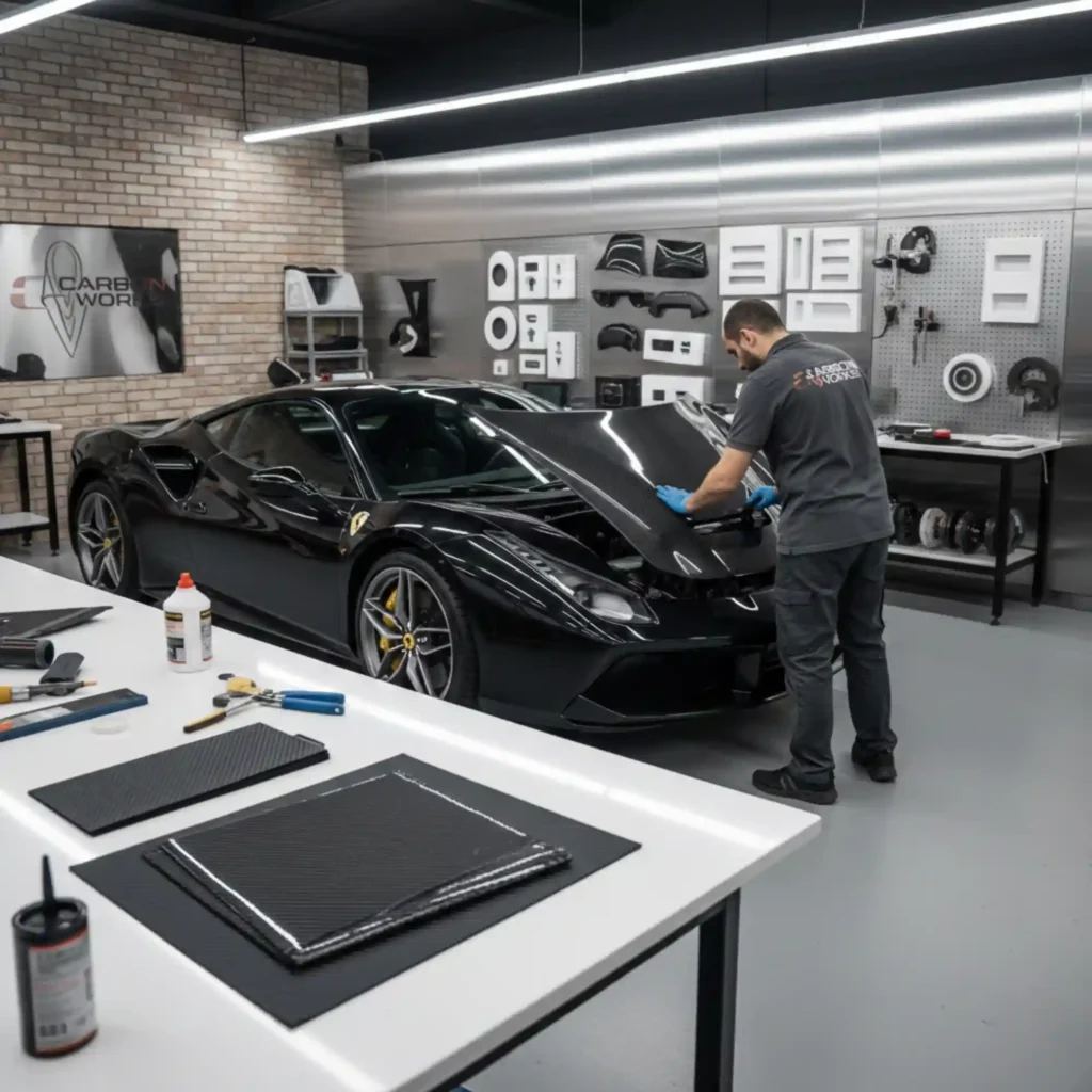Carbon Fiber Works-black Ferrari 488 Car-Station One Autos-Services-Dubai