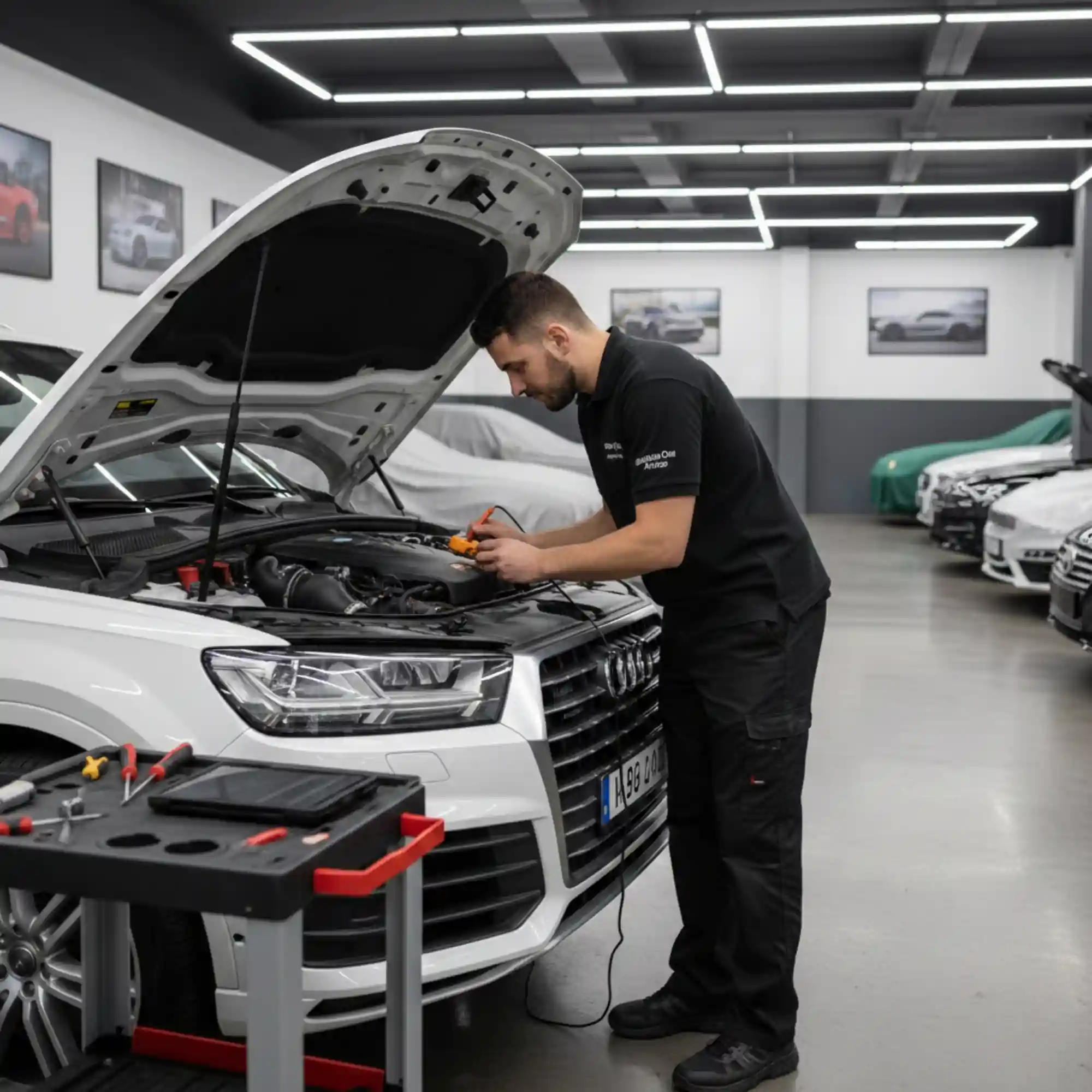 Electrical Works-white Audi Q7 Car-Station One Autos-Services-Dubai