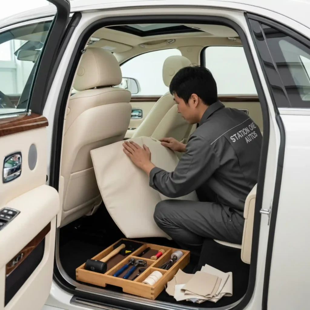 Interior Upholstery-white Rolls Royce Ghost Car-Station One Autos-Services-Dubai