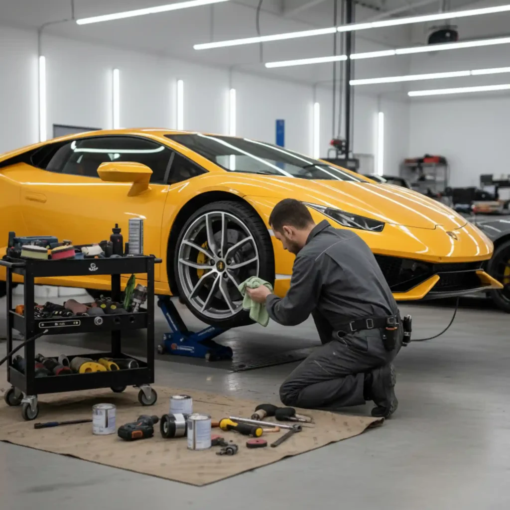 Wheel Repair-yellowish-orange Lamborghini Huracán Car-Station One Autos-Services-Dubai